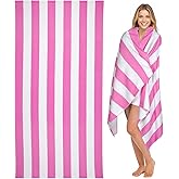 cabanana Large Oversized Beach Towel - Microfiber Sand Free 35 x 70 Inch Quick Dry Lightweight Pool Towel for Adults, Thin Striped Swim Towel (Pink White)