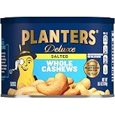 PLANTERS Deluxe Salted Whole Cashews, Plant Based Protein, 8.5 Oz (1 Ct) | Roasted Cashews. Snacks for Adults. Resealable Canister. Plant Based Protein Snack. Pantry Staples