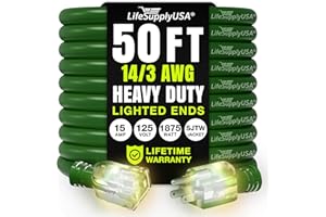 50ft Outdoor/Indoor Extension Cord 14/3 Gauge Heavy Duty 3 Prong SJTW, Waterproof, Flexible Cold-Resistant Long Power Cord,15