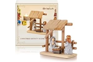 Brislut Christian Nativity Scene Decoration with Gift Box, Hand-Painted Resin Figurines with Wooden Stable, 6.7 Inches Tall, Perfect for Christmas Tabletop, Holiday Dining Table & Fireplace Decor