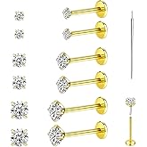 Tuhatuhaok G23 Titanium Flat Back Stud Earrings, 18G 6/8/10mm Threadless CZ Helix Tragus Conch Cartilage Labret Lip Piercing Jewelry, 3 Pairs Hypoallergenic for Women