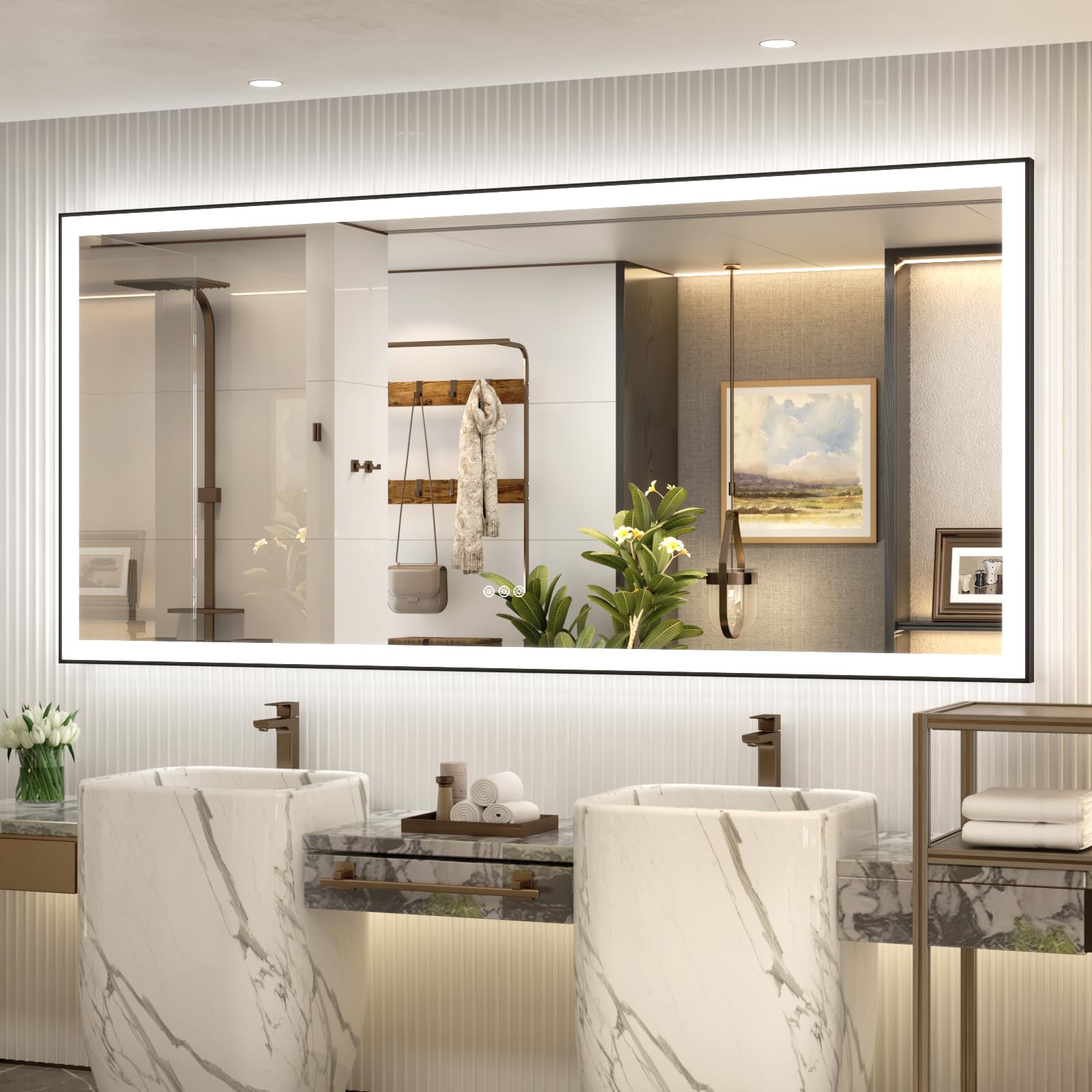 Photo 1 of **DOESN'T WORK*
SMIROR 77x36 LED Lighted Bathroom Mirror for Wall, Matte Black Framed Vanity Mirrors with Lights, Front and Backlit, Dimmable, Anti-Fog, Memory, Shatterproof, ETL Listed (Horizontal/Vertical)