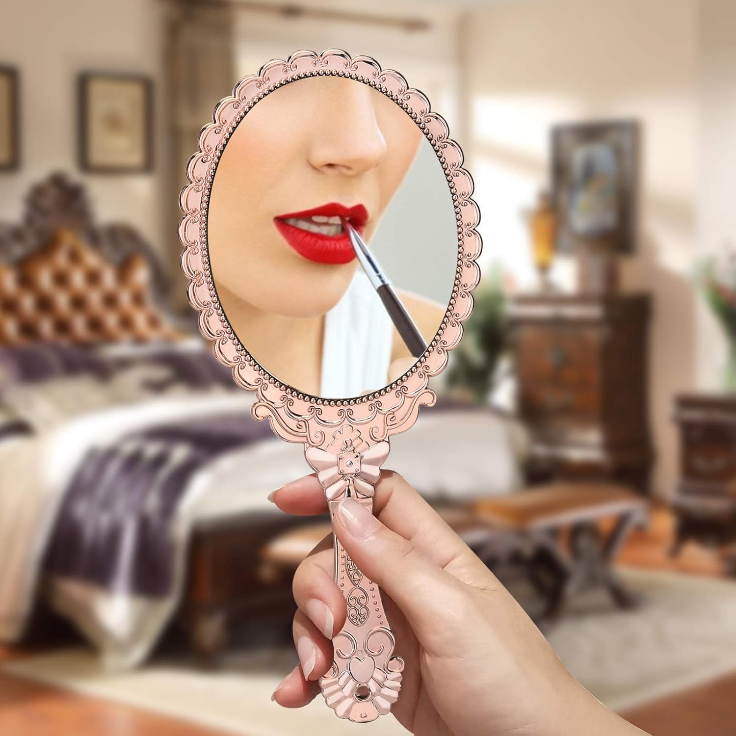 YUSONG Vintage Handheld Mirror, Small Hand Held Decorative Mirrors for Face Makeup Embossed Flower Portable Antique Travel Personal Cosmetic Mirror with Powder Puff (Rose Gold): Beauty