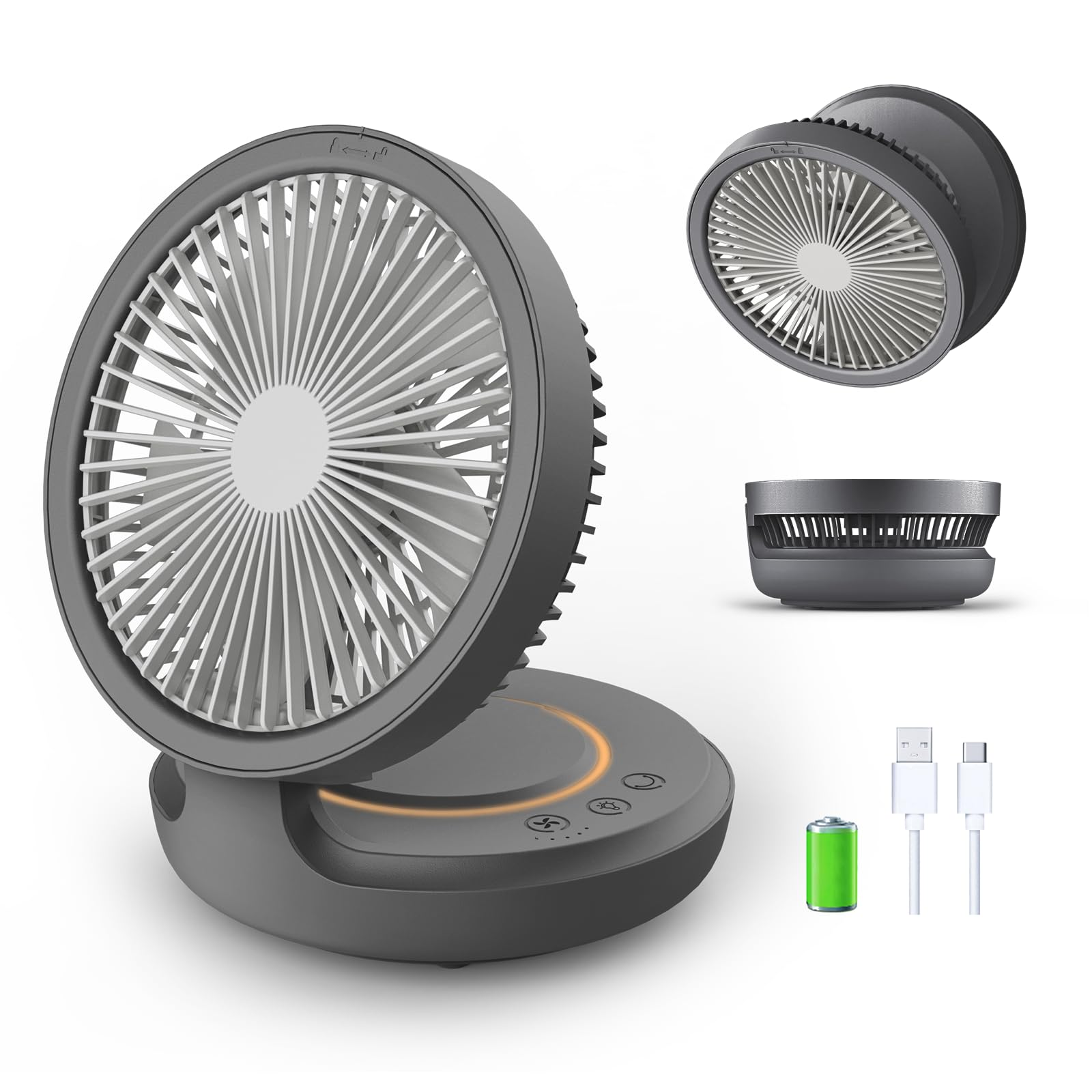 Photo 1 of shinic Ultra Quiet Table Fan, Rechargeable Battery Operated Desk Fan with Auto Oscillation, 4 Speeds Portable Air Circulation Fan with Hook, Small Wall Fan for Bedroom Home Desktop Office, Grey