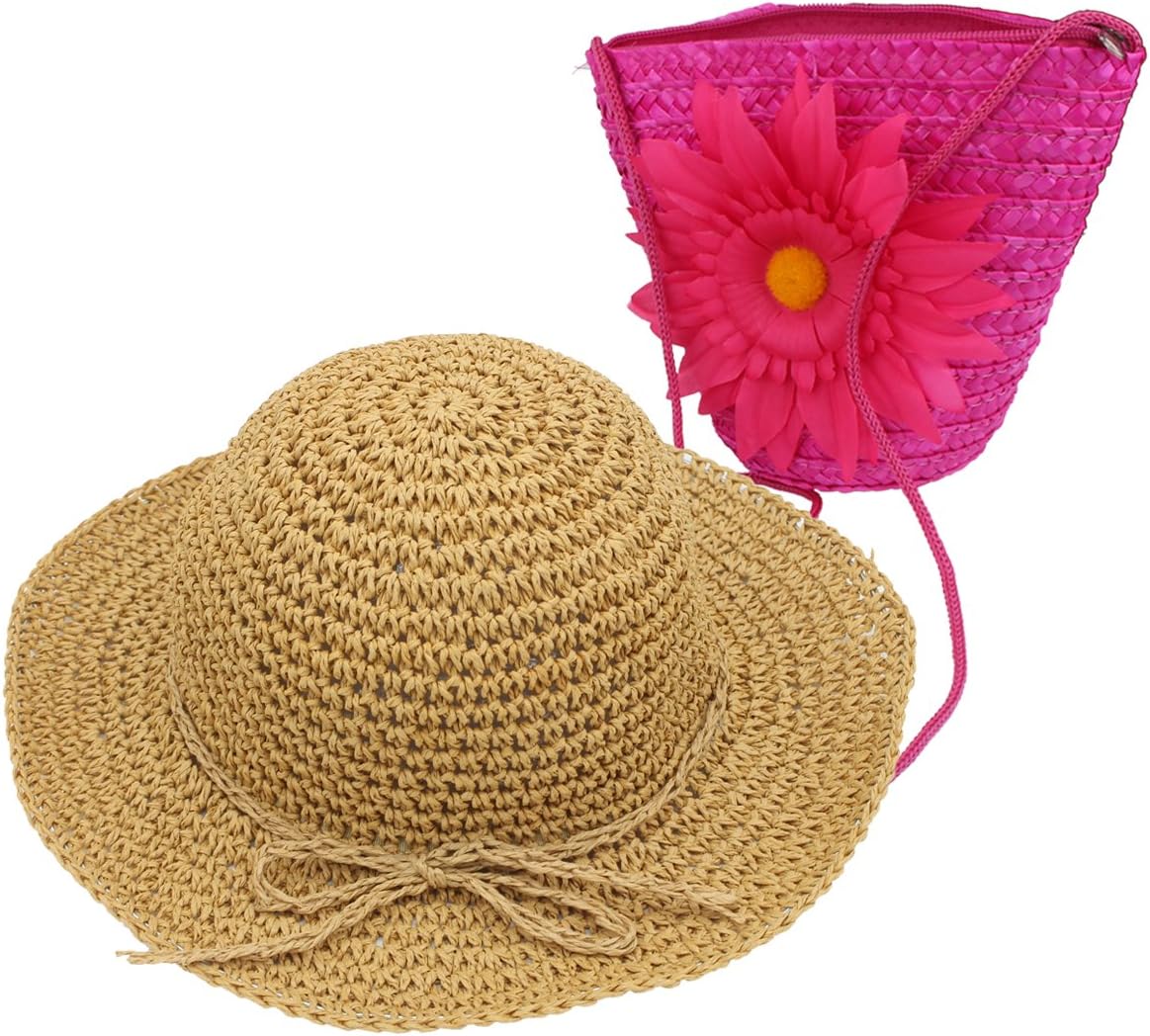 YOPINDO Girl Hat Purse Set Straw Sun Hat Floppy Summer Beach Cap with Hand Bag (Hot Pink)
