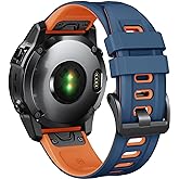 ANCOOL Compatible with Garmin Fenix 7X Band, 26mm Soft Silicone Watch Band Replacement for Fenix 5X/Fenix 6X/Fenix 5X Plus/Fenix 6X Pro/Fenix 3/Fenix 3HR Smartwatch(Dark Blue/Orange)