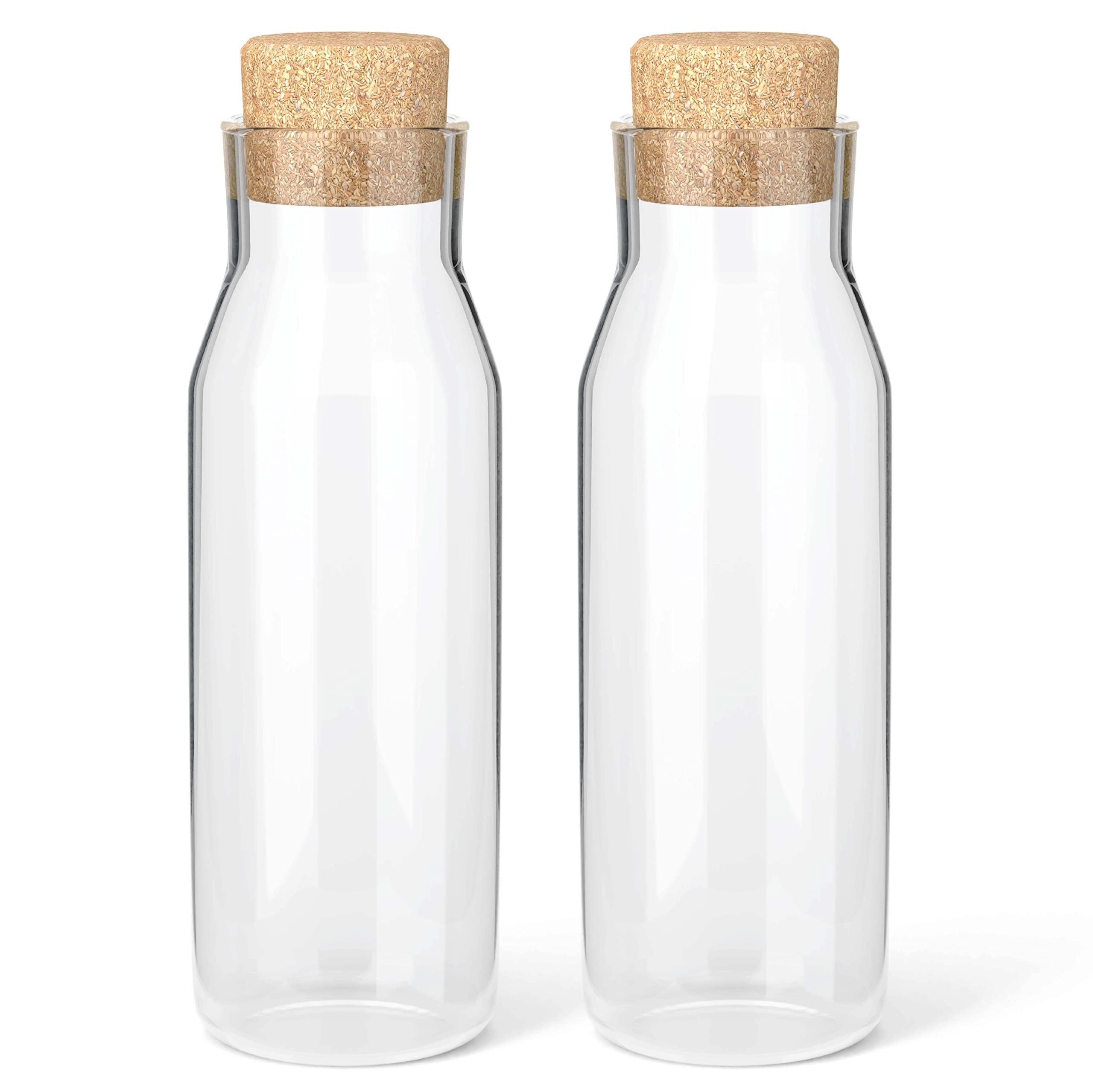 HEFTMAN Set of 2 Glass Carafe, 1 Litre, Clear Glass Bottle for Hot and Cold Drinks, Water Carafe Glasses with Cork Lid, Refillable Fabric Softener Cans with Stopper, Pack of 2