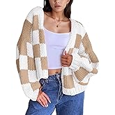 Wyeysyt Checkered Cardigan Sweaters for Women Open Front Long Sleeve Cardigan Cropped Chunky Knit Sweaters Outwear