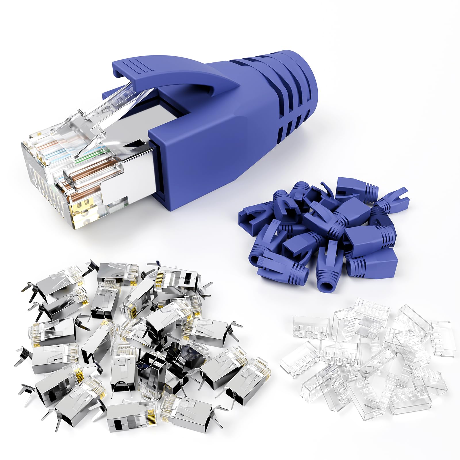VCE 30-Pack RJ45 Connectors CAT7/CAT6A, Non-Pass-Thru Shielded Modular Plugs for Thick Cable, 3-Prong Gold Plated Ethernet Ends with Strain Relief Boots - Blue