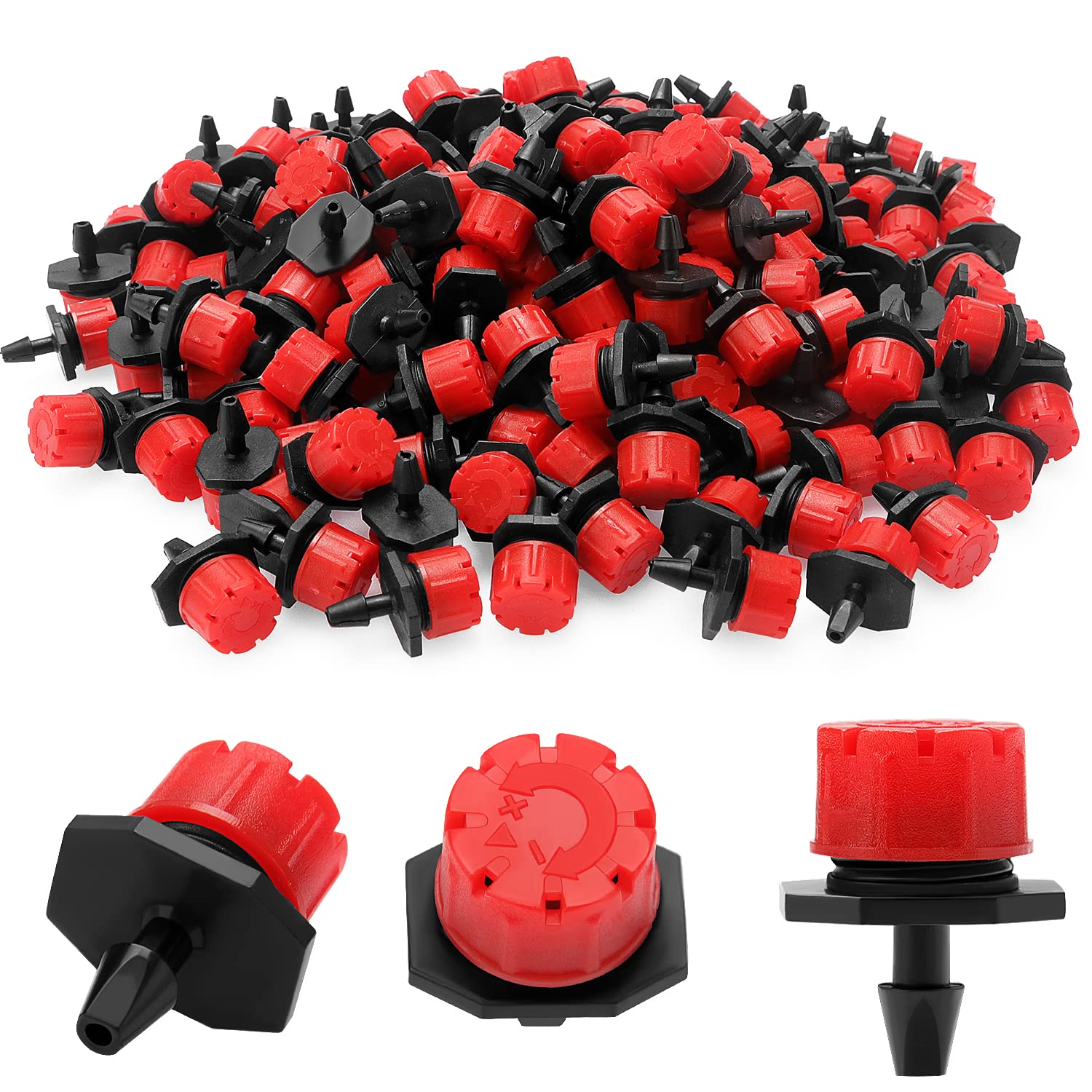 200 PCS 1/4 Inch Adjustable Irrigation Dripper Sprinklers, VooGenzek Micro 8-Hole Emitter Drippers for Irrigation System, Anti-clogging Watering Sprinklers for Garden, Lawn, Greenhouse, Red