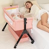 BCOL Baby Bassinet Sleeper, Adjustable Baby Crib, Rocking Bassinets Bedside Sleeper, Easy to Fold Portable Crib Side Bassinet with Breathable Mesh and Wheels (Pink)