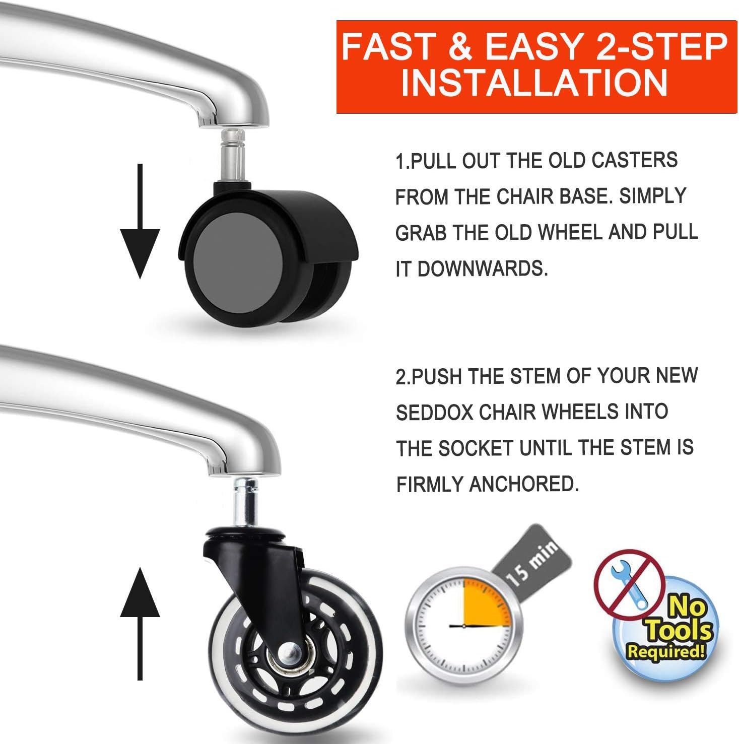3 In Office Chair Wheels Black Replacements (Set of 5), Swivel chair wheelsfor All Floors Including Hardwood, Perfect Replacement for Rubber Desk Chair Casters Rollerblade Style Universal fit : Office Products