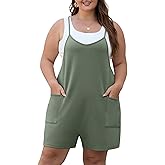 OLRIK Womens 2026 Summer Plus Size Romper Adjustable Spaghetti Strap Jumpsuits With Pockets Sleeveless Casual Overall Shorts