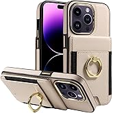 S. Tedazo for iPhone 14 Pro Wallet Case with Credit Card Holder and 360° Rotation Ring Stand, RFID Block Flip Leather Shockproof Cover for iPhone 14 Pro-Beige