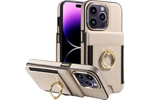 S. Tedazo for iPhone 14 Pro (6.1 inch) Wallet Case with Credit Card Holder and 360° Rotation Ring Stand, RFID Block Flip Leather Shockproof Cover-Beige