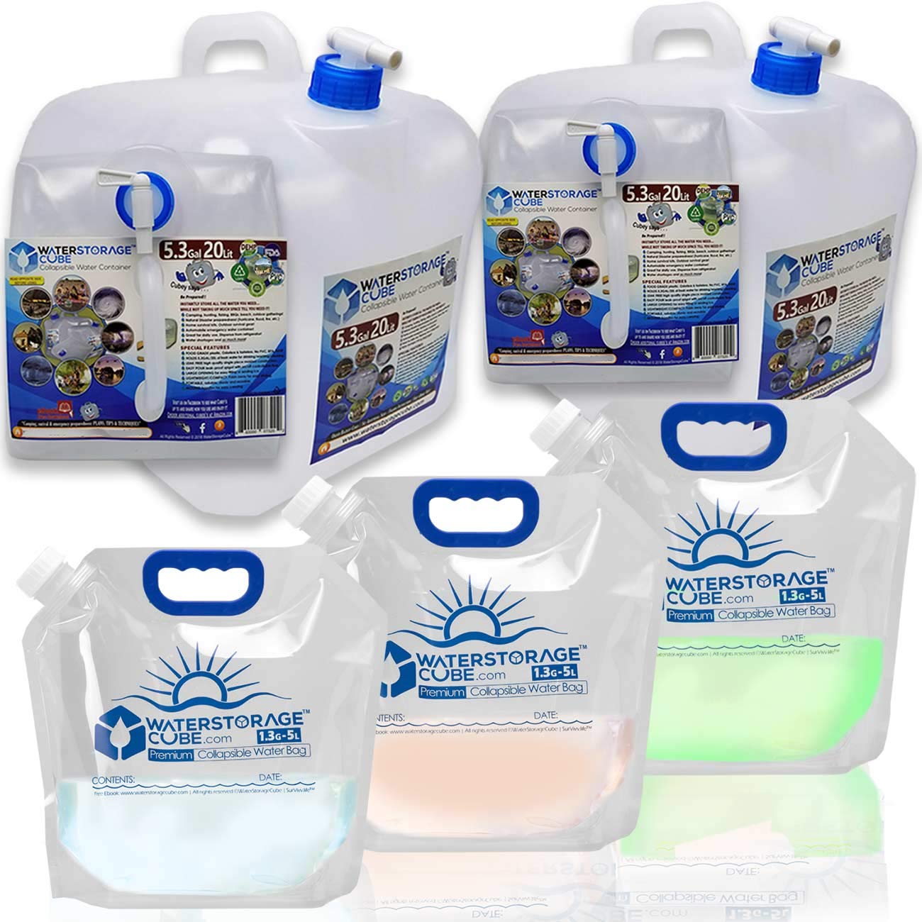 Photo 1 of Premium Collapsible Water Container Bundle, Cube + Bag, No BPA Camping Drink Storage Carrier Jug for Outdoors Hiking Backpack & Survival, No-Leak Foldable Portable Freezable (2 Cube 5G 3 Bag 1G)