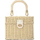 Oweisong Wicker Rattan Purse for Women Summer Beach Woven Straw Tote Bag | Box Basket Bucket, Square Purse, For Vacation, Boho Handbag, Black Beach Bag