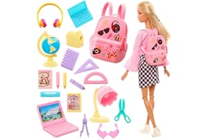 ENOCHT 19 Pcs Girl Doll School Accessories Backpack Mini Desk Lamp Laptop Mini Globe Glasses and Headset for 11.5 Inch Doll School Playset