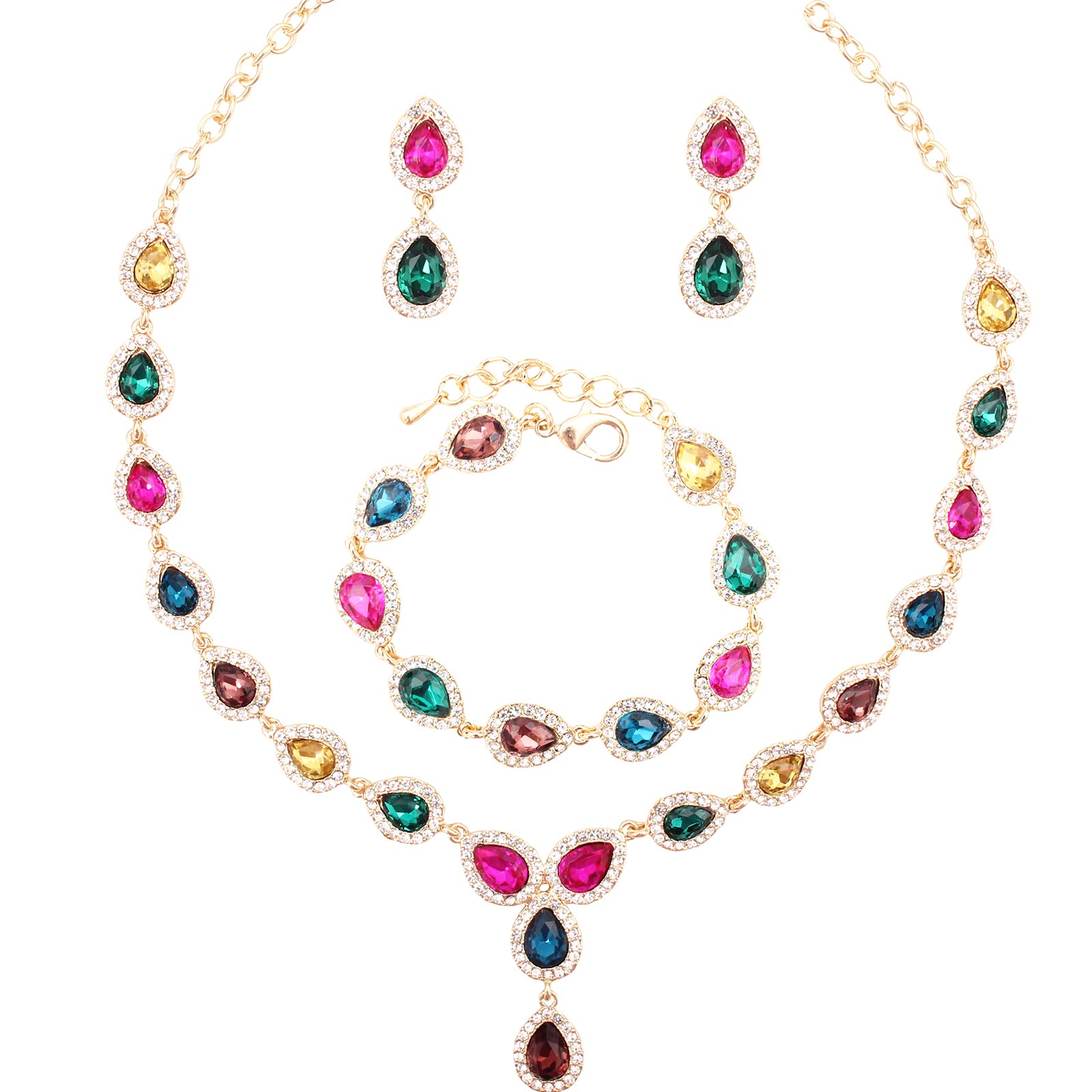 Enrwin Austrian Crystal Rhinestone Necklace Dangle Earrings Link Bracelet Jewelry Set for Brides Bridesmaid Prom Costume Accessories for Women