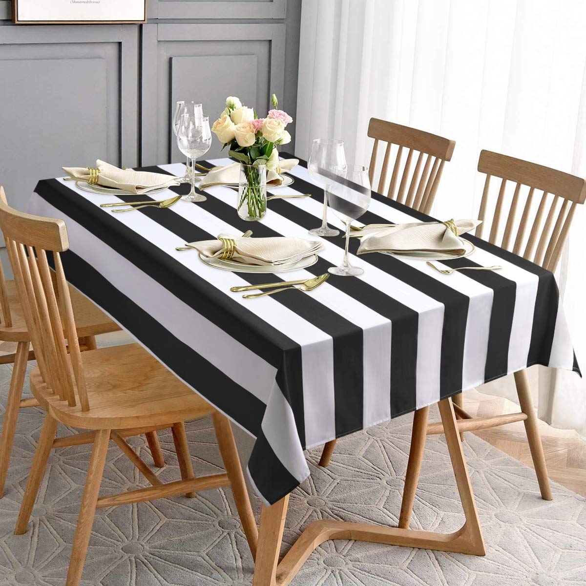 ASPMIZ Black and White Striped Tablecloth for Rectangle Tables, Geometric Stripe Waterproof Table Cloth for Kitchen Dining Room, Polyester Tablecloth Rectangle 60” x 84”