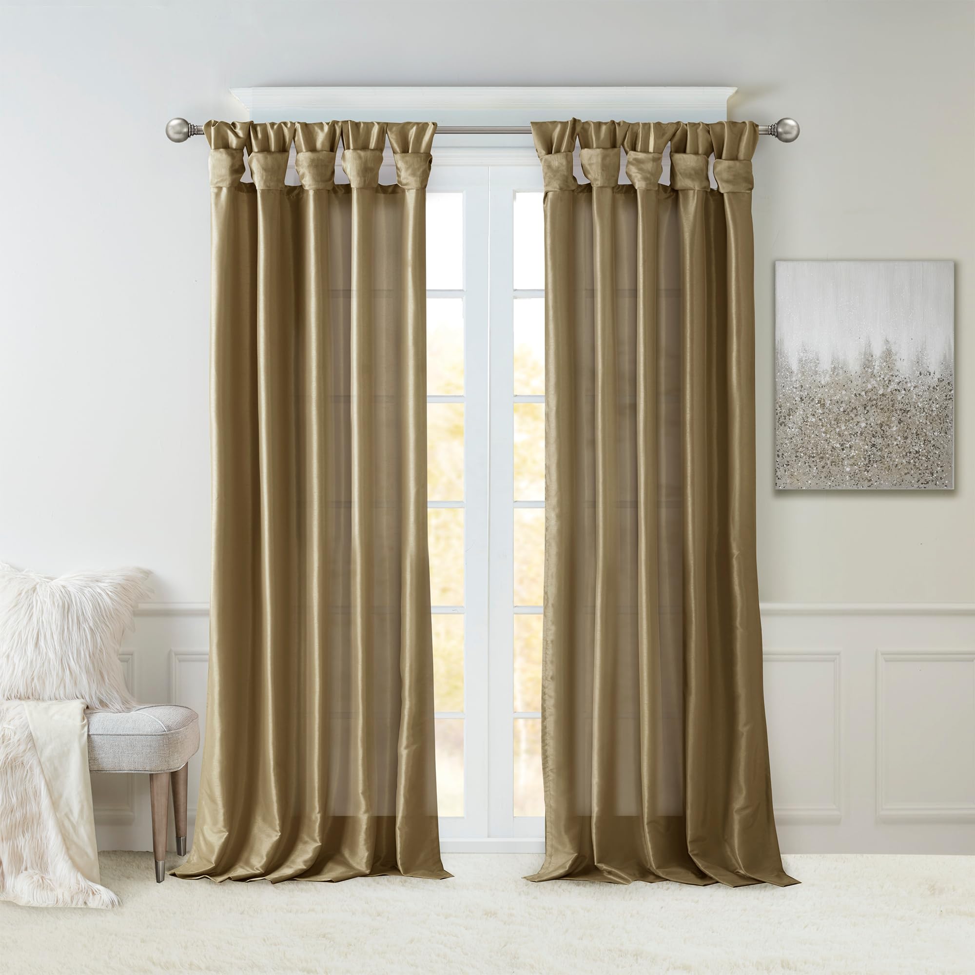 Madison Park Emilia Faux Silk Single Curtain with Privacy Lining, DIY Twist Tab Top, Window Drape for Living Room, Bedroom and Dorm, 50x108, Bronze Brown