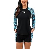 Halcurt Women's Built in Bra Rash Guard Long Sleeve Swimwear UPF 50 Two Piece Swim Shorts and Tops