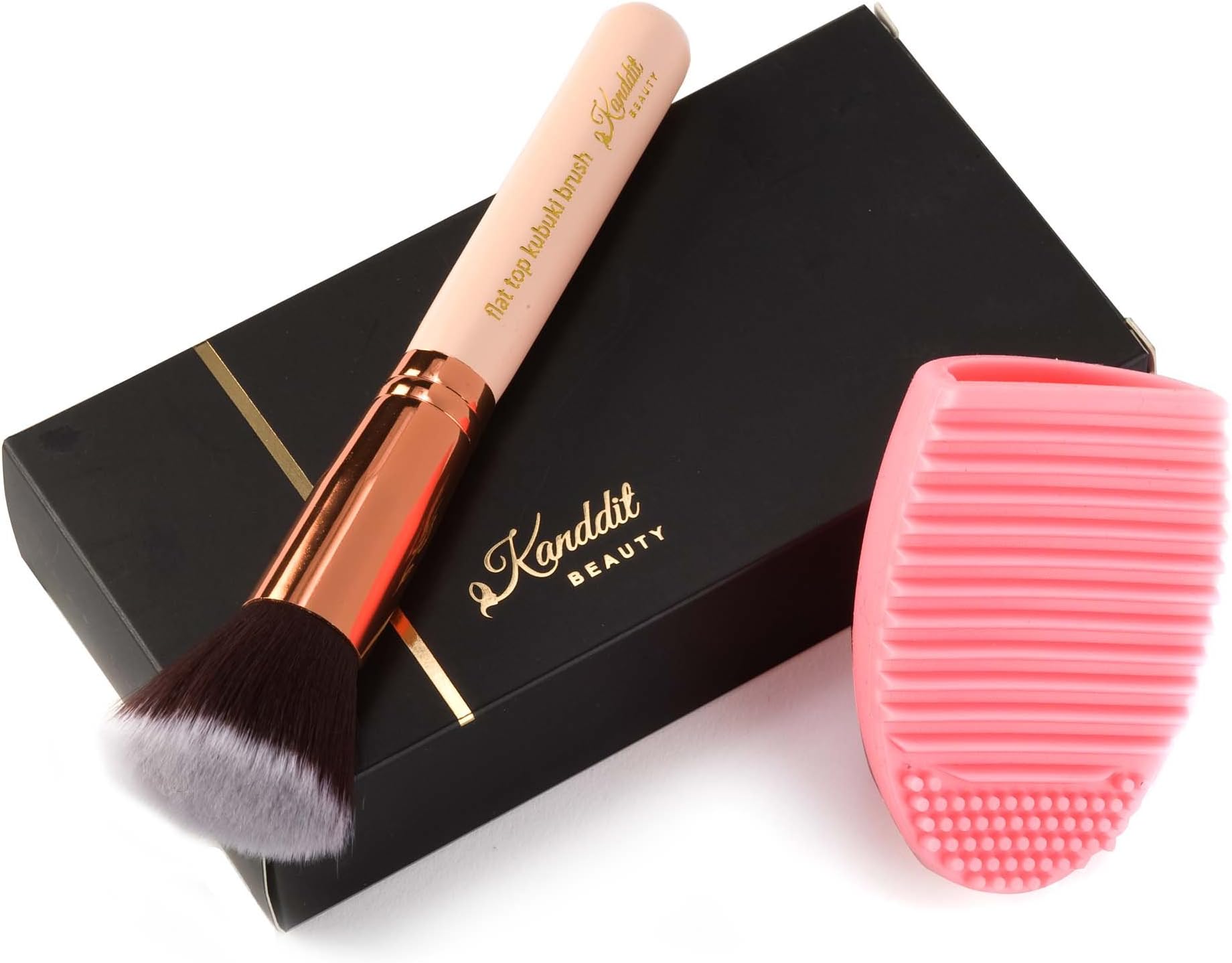 Kanddit Beauty™ Make Up Brush With Brush Cleaner Egg Foundation Kabuki Flat Top - Perfect For Blending Liquid Cream or Flawless Powder - Buffing, Stippling, Concealer - Premium Quality Bristles (Pink)
