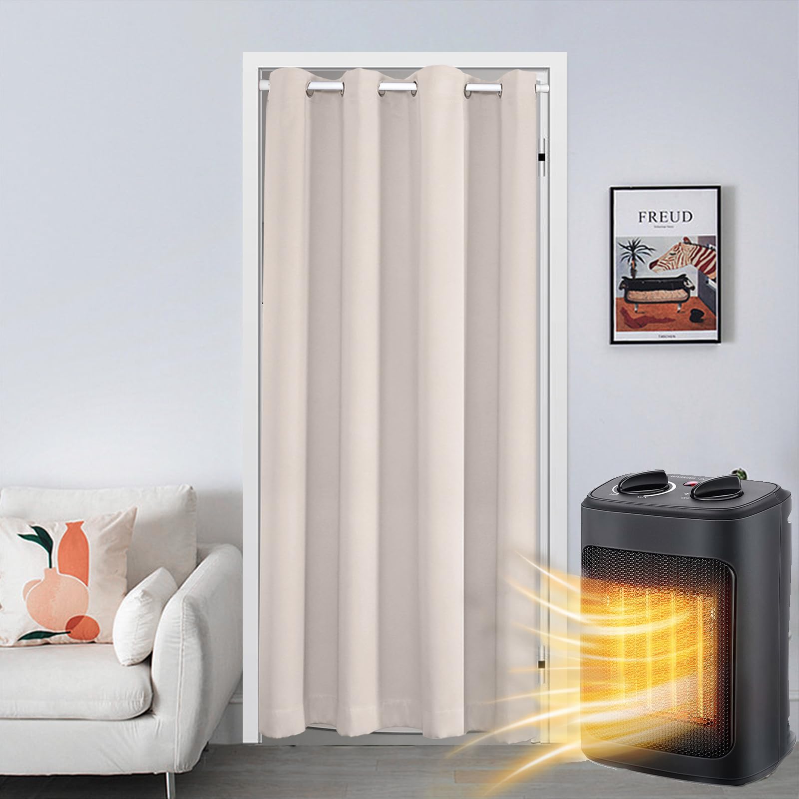 Qelus Single Curtain for Door, Thermal Insulated Door Curtain 52'' Width x 96'' Drop, Blackout Curtain Panel Drape Eyelets, for Door Doorway Window Living Room Bedroom, Beige 1 PANEL