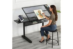 Gagawin Glass Drafting Table, Upgraded Hand Crank Adjustable Height Drawing Table Artist Table with Stool for Home Office, Tilting Art Craft Desk w/2 Storage Drawers and Side Table, Type 3-Black