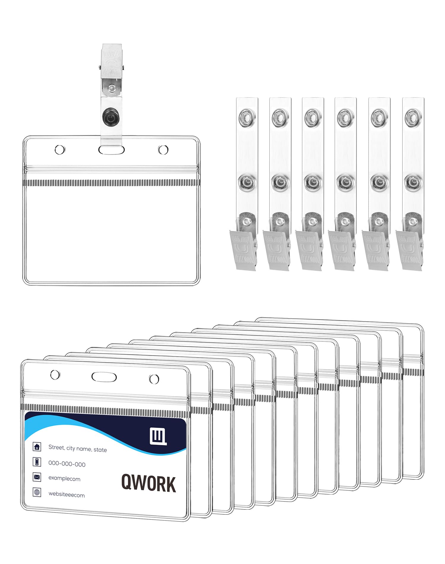 QWORK® 50-Pack Clear ID Card Holder Badge Holder with Metal Clip for Schools Events Businesses, Suitable for Card Size 88 x 55 mm