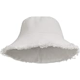Womens Bucket-Hat Distressed Sun-Protection Washed-Cotton - Summer Wide Brim Beach Cap(7 1/8 Size) (White 01)