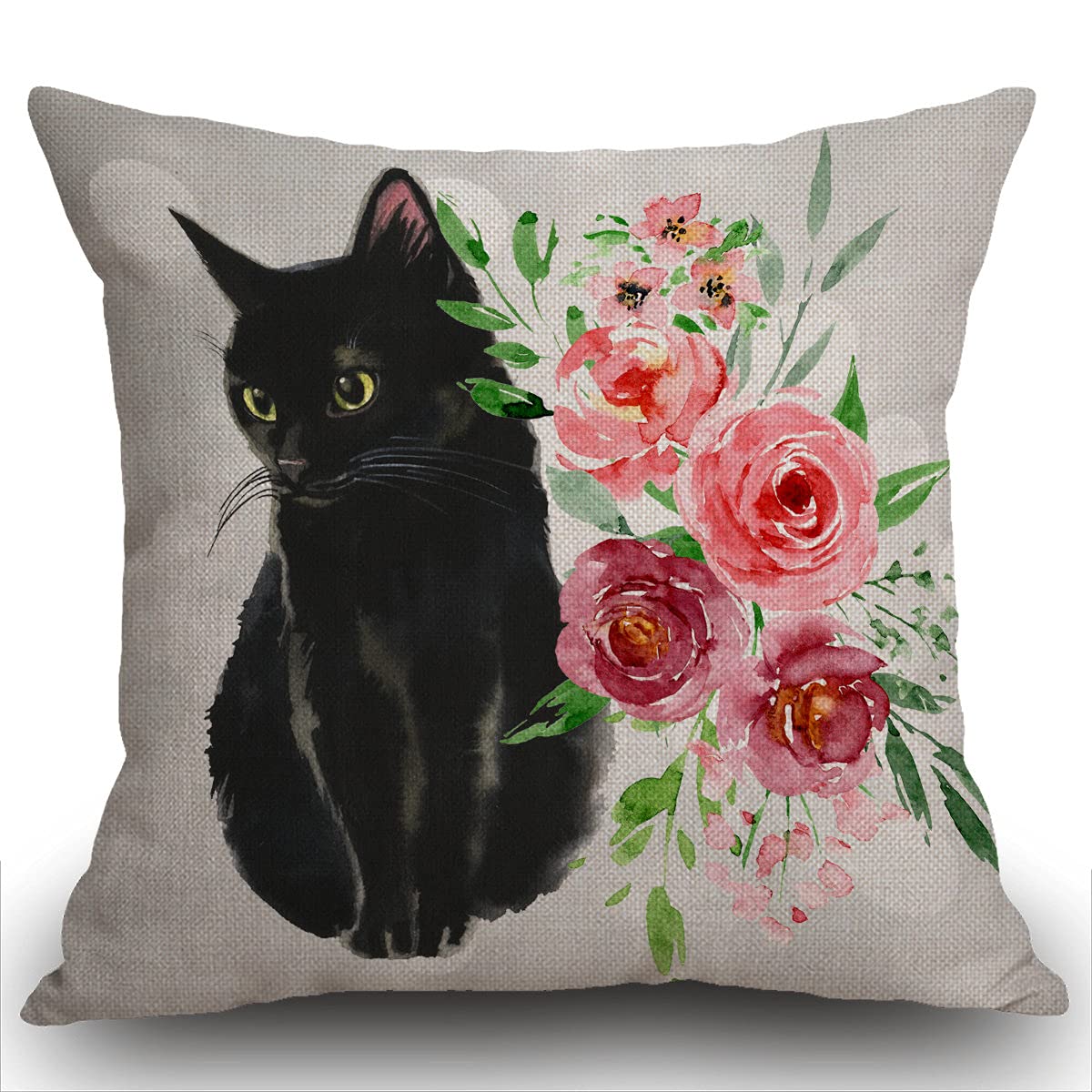Smooffly Black Cat and Watercolor Flower Cushion Cover Outdoor Furniture Decorative Linen Square Double Sided Printing Pillow Cover for Home Office Sofa Couch Car Garden 45 x 45cm 18 x 18 inches