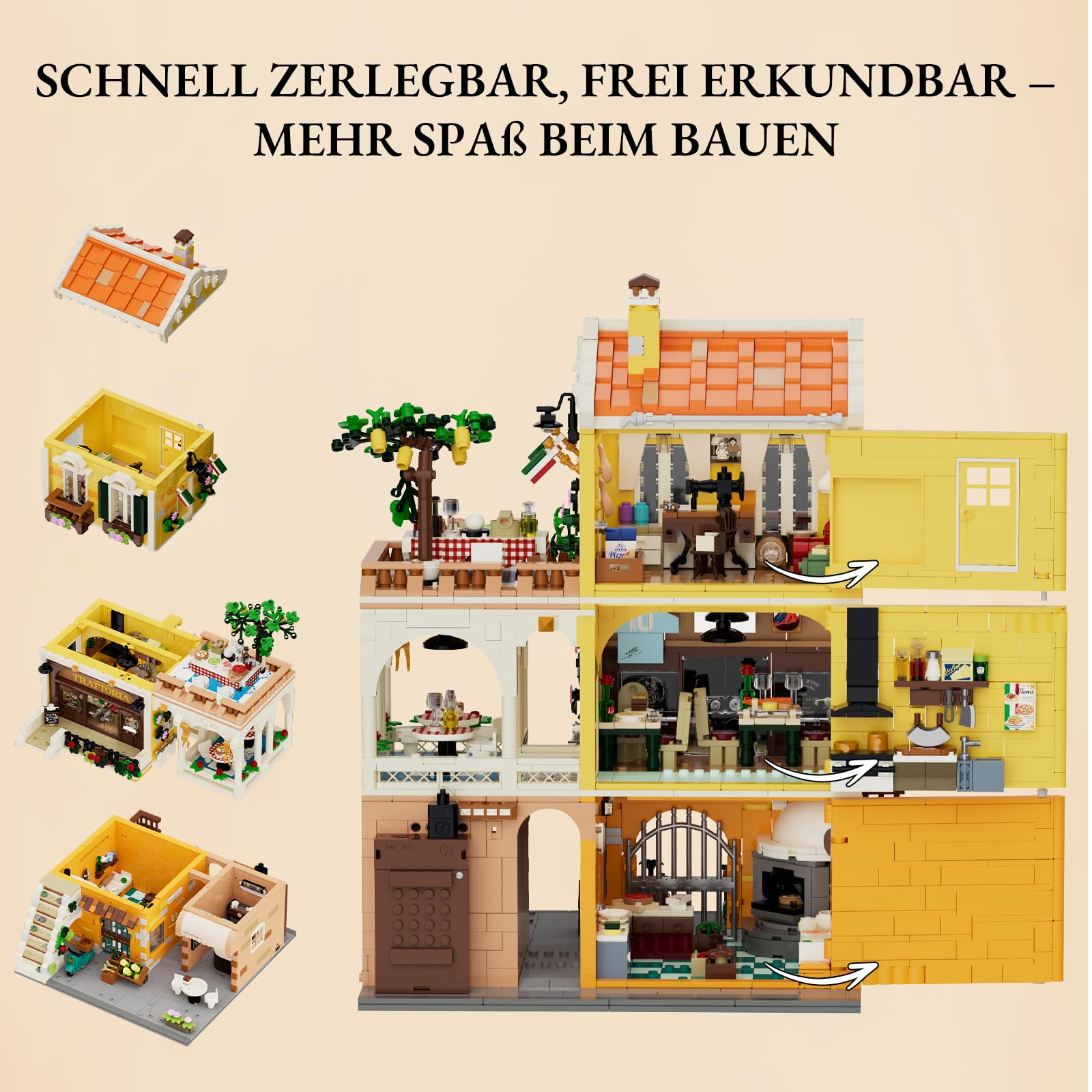 Lumibricks Italienisches Familienrestaurant Klemmbausteine mit Licht, Modular Building mit Pizzeria & Café, 2868PCS,Mediterrane Wohn Dekor, Geschenk für Food- & Baustein-Fans 5
