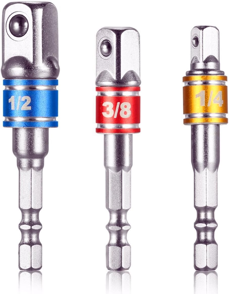 Impact Grade Power Hand Tools Driver Sockets Adapter Drill Bit Set Turns Power Drill Into High Speed Nut Driver,3Pcs 1/4" 3/8" 1/2" Cr-V Hex Shank Driver Socket Adapter Extension Set Drill Bit