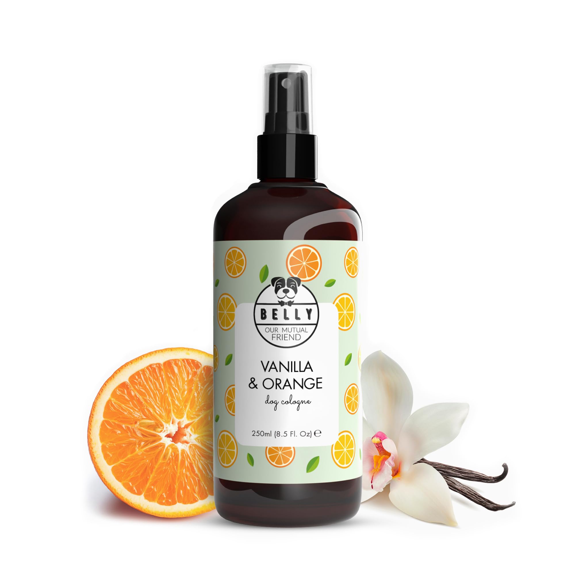 Belly Natural Dog Perfume & Deodorant Spray, Long-Lasting Dog Smell Eliminator - Freshens Coat, Neutralizes Odors, Vegan Formula for Daily Use, 250ml (Vanilla & Orange)
