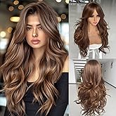 Long Ombre Honey Blonde Highlight Layered Wavy Wig With Bangs for Women Dark Brown Mixd Dirty Blonde Highlight Wig With Curtain Bangs for White Black Women Shaggy Hair for Daily Party Use 24inch