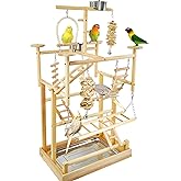 LIMIO Bird Playground - Natural Wood Parrot Playstand with Perches, Bird Play Gym &amp; Accessories, Removable Tray &amp; 4 Stainless Steel Cups