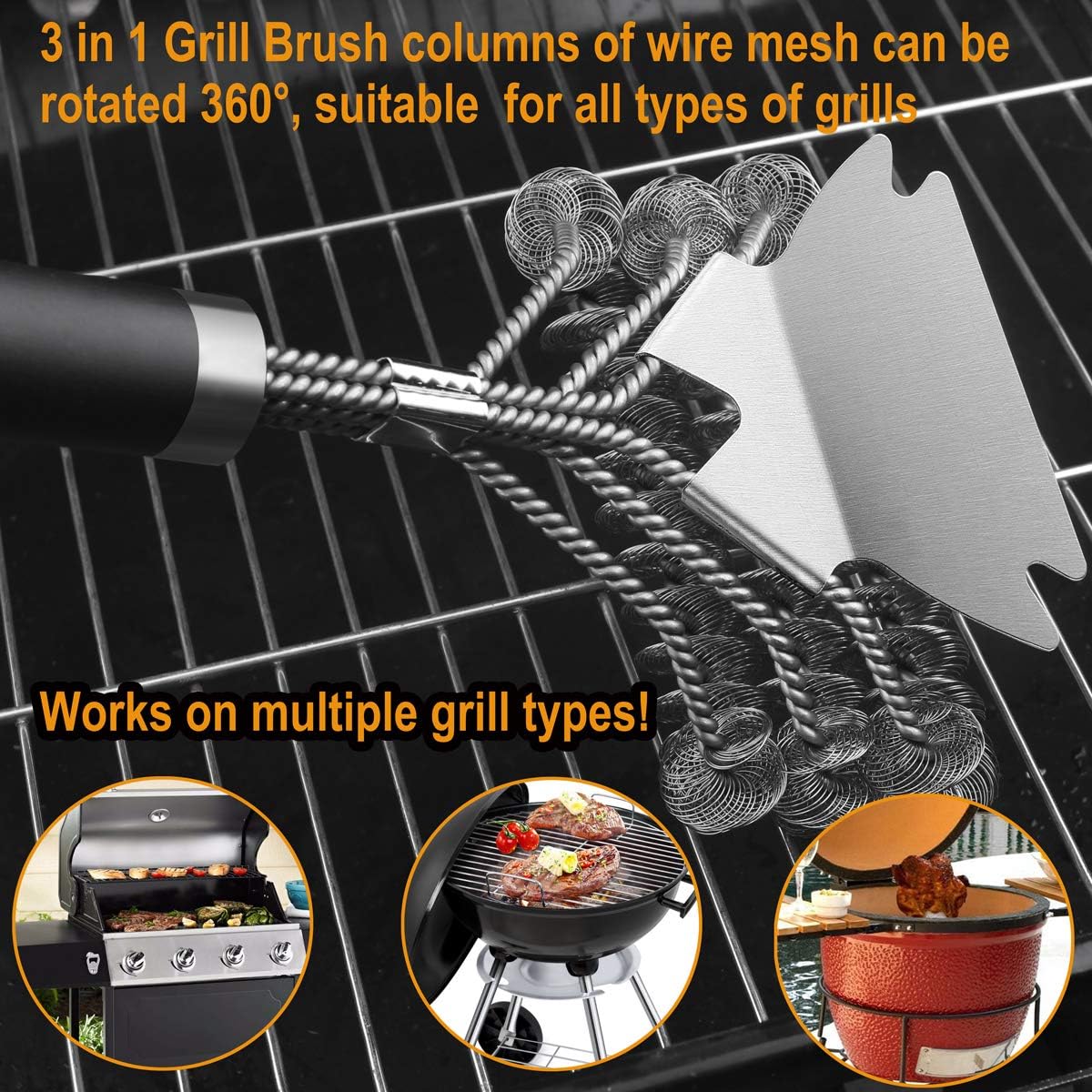 grilljoy 18in Grill Cleaning Brush Bristle Free - Safe BBQ Cleaning Grill Brush with Extra Wide Scraper for Gas/Charcoal Porcelain/Ceramic/Iron/Steel Grill Grates- Ideal BBQ Grill Accessories: Home & Kitchen