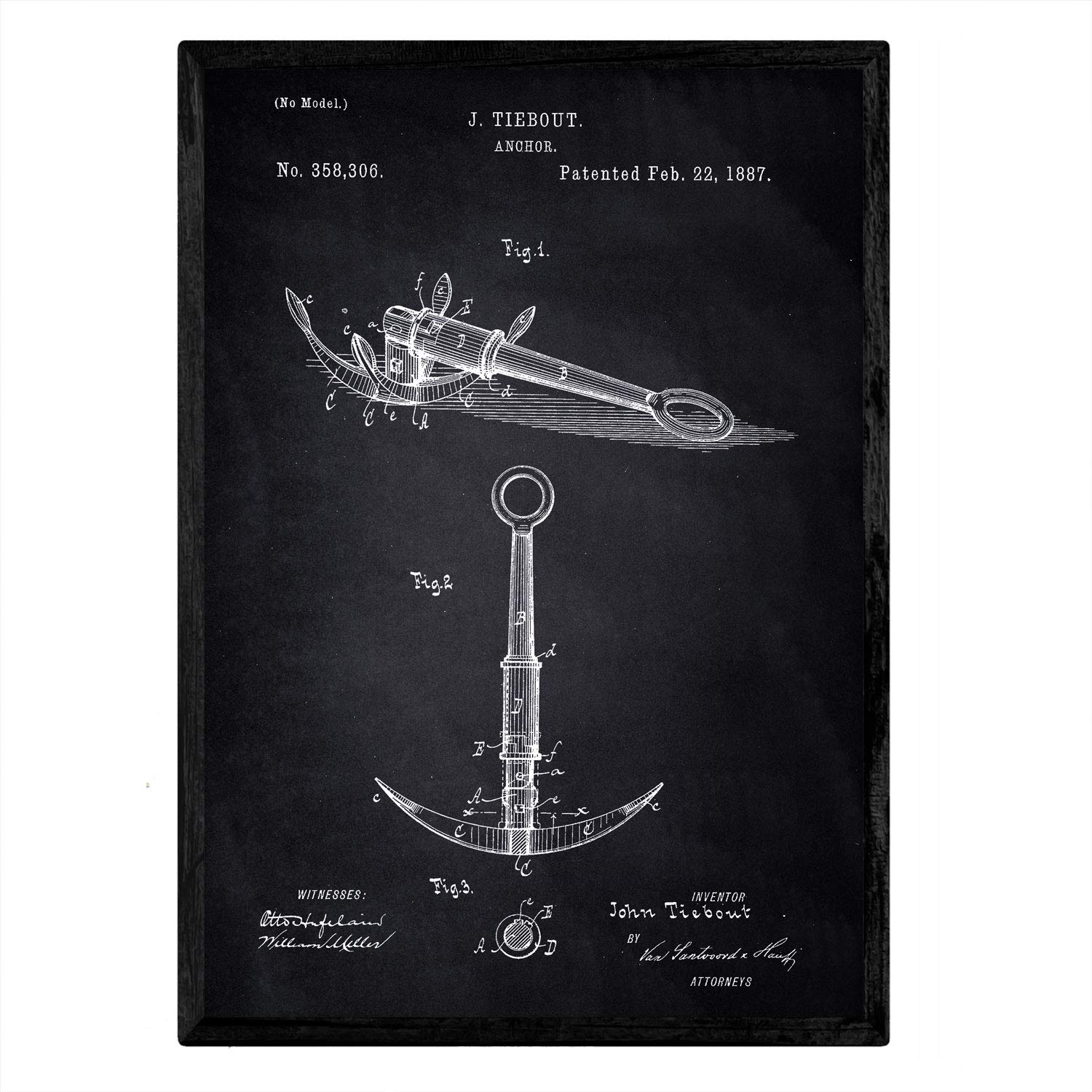 Nacnic Poster patent Anchor. Sheet with old design patent A3 size with black background