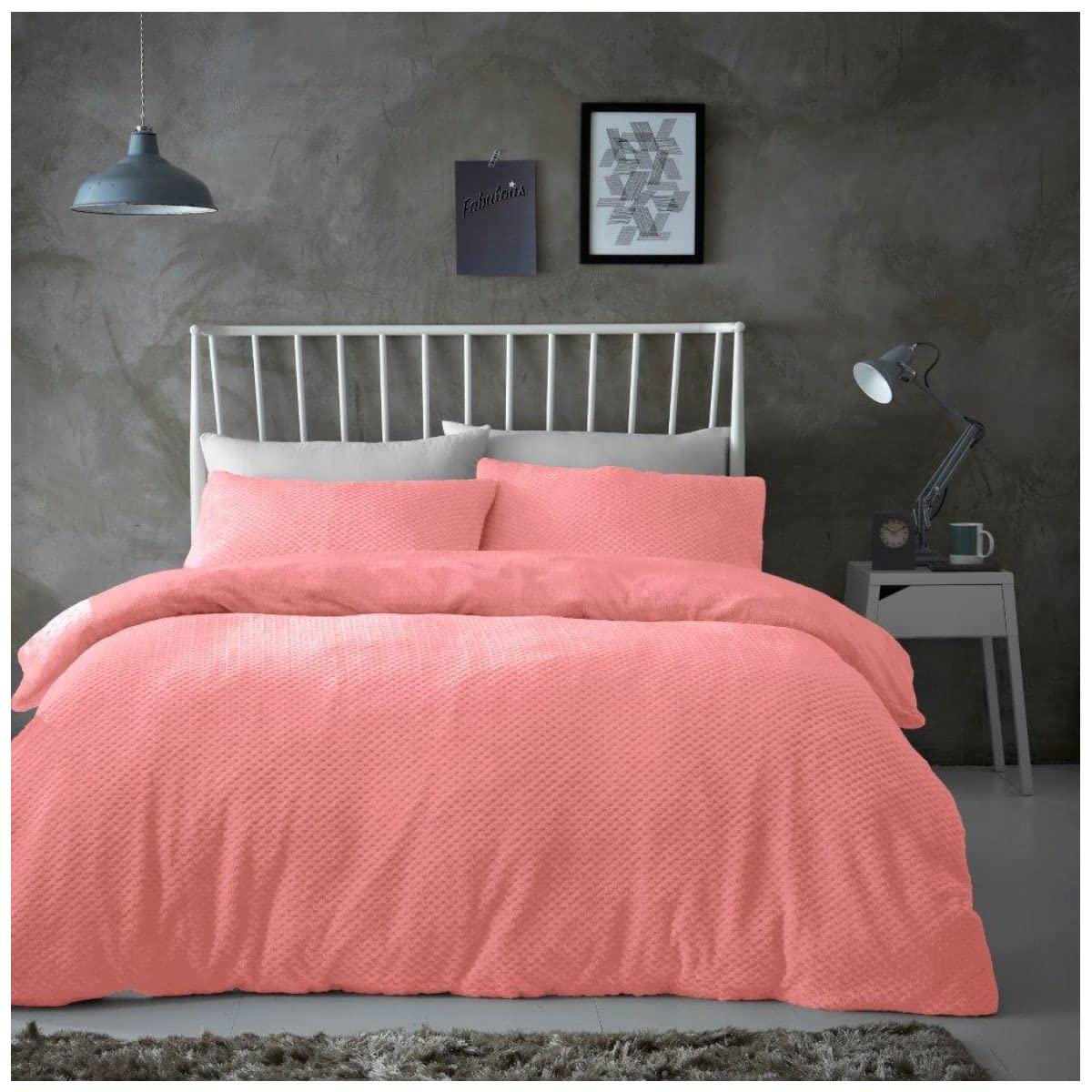 Gaveno Cavailia Popcorn King Duvet Set Coral, Honeycomb Waffle Weave Bedding, 3 Piece Teddy Flannel Fleece Reversible Bedlinen, Easy Care DuvetCover Bedset, 1 Quilt Cover and 2 Pillow Cases