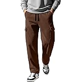 August Alley Men's Corduroy Cargo Pants Drawstring Elastic Waist Baggy Sweatpants Casual Loose Fit Wide Leg Pant with Pockets