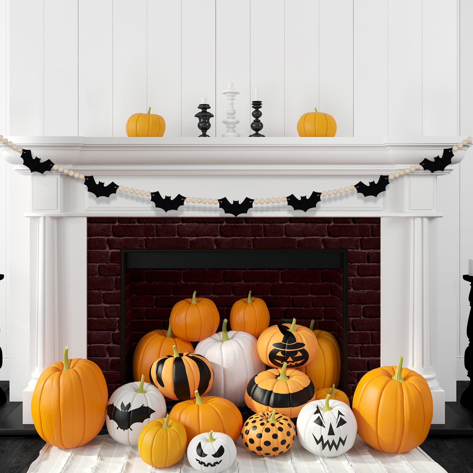 Oeyliz Halloween Garland for Mantel Halloween Decorations Black Felt Bats Garland with Wood Beads Black Bat Halloweens Decor for Indoor Farmhouse Fireplace Office Wall Halloweens Decor