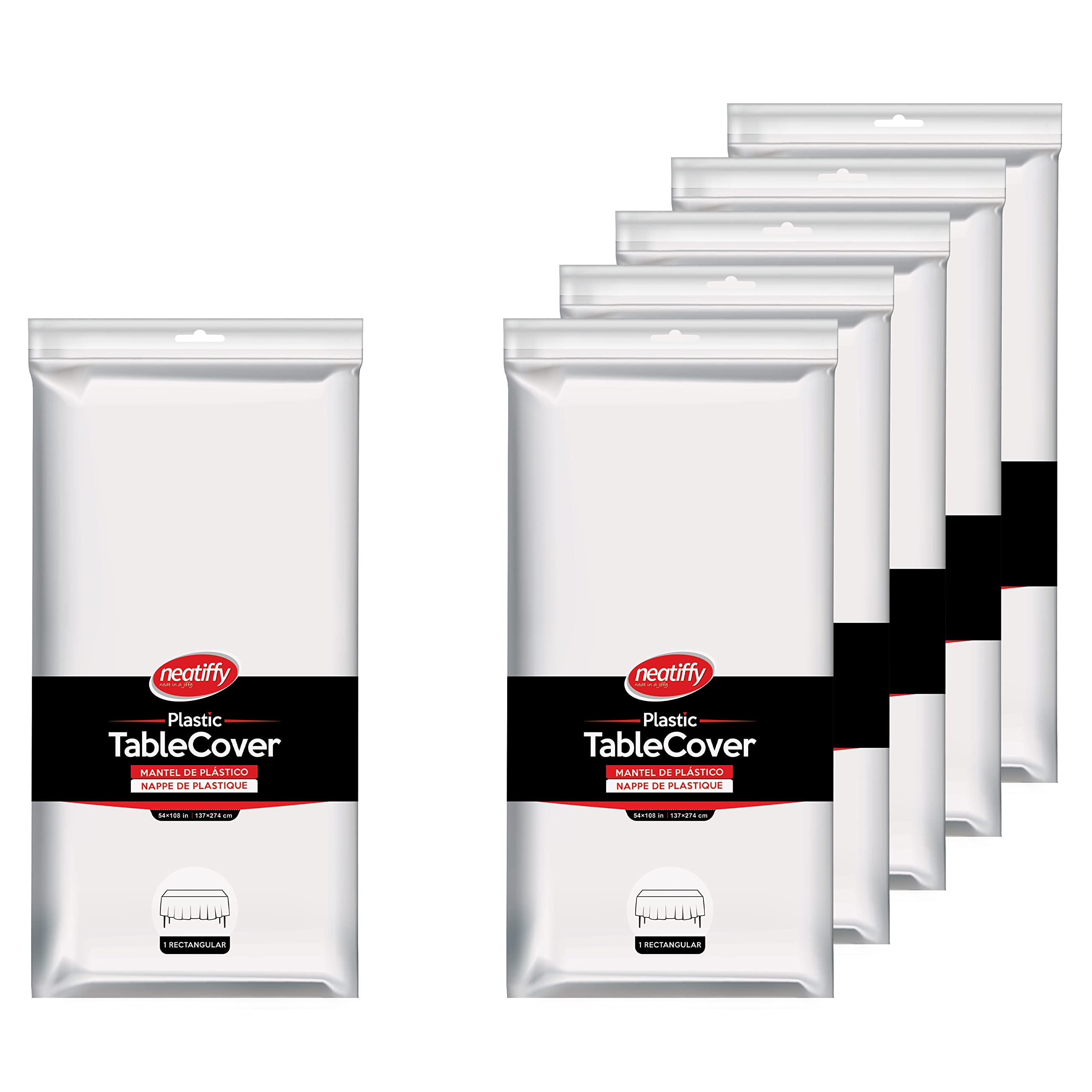 Neatiffy 54 in x 108 Inch 6Pack Rectangle Plastic Table Cloth | Waterproof Disposable/Reusable Tablecloth | Table Cover for Picnic, Party, Banquet, Birthdays - White