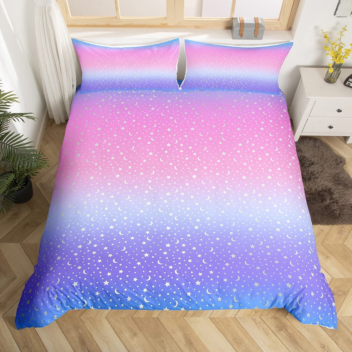 Colorful Glitter Galaxy Bedding Set for Girls Boys Starry Sky Pink Blue Purple Comforter Cover Fairy Duvet Cover Magical Fantasy Bedspread Cover Double 3Pcs