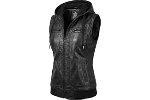 WECNOM Womens Leather Vest with Hood - Real Lambskin Classic Hooded Leather Motorcycle Vest Women