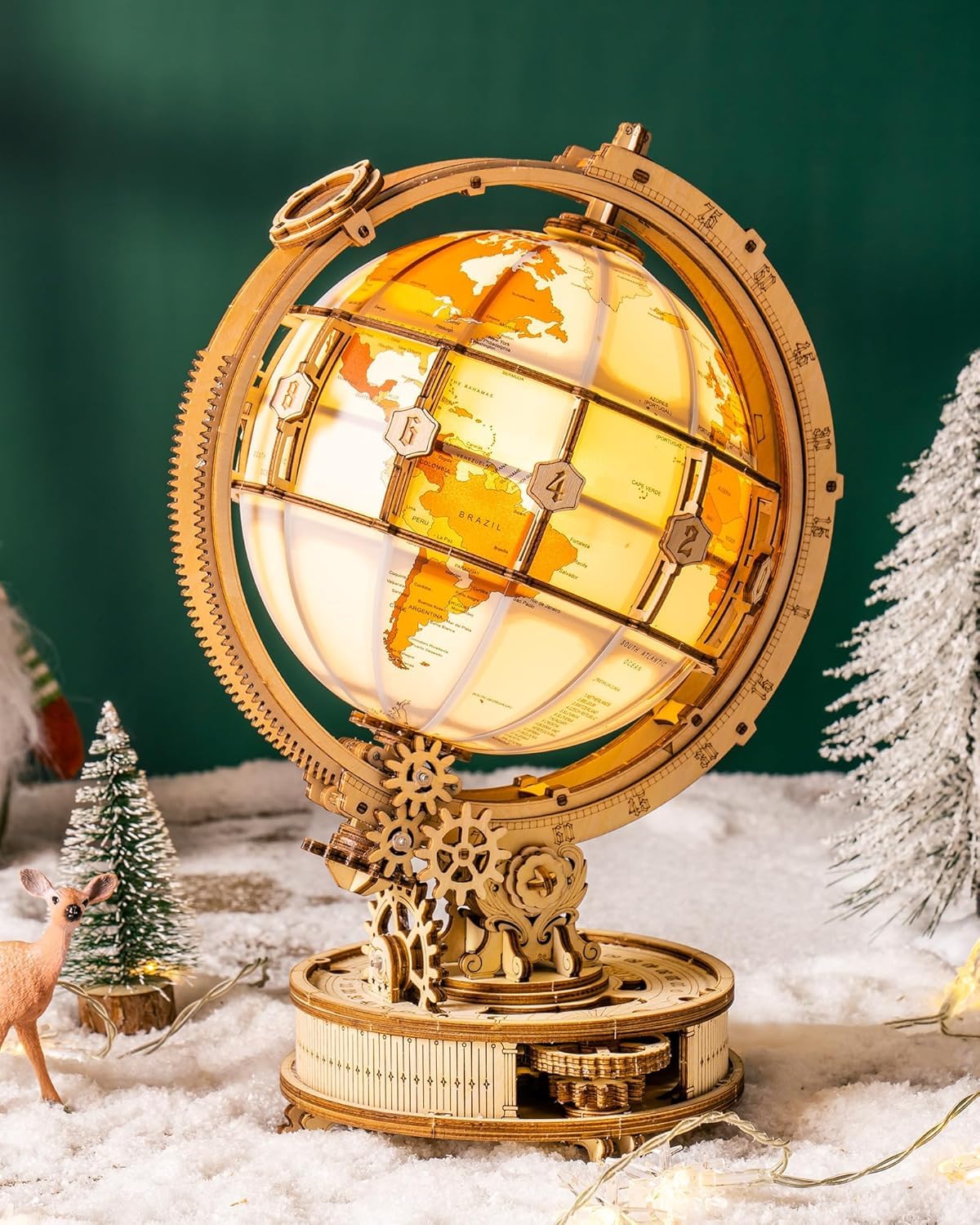 ROKR 3D Puzzle Holz Erwachsene, Holzpuzzle Modell Leuchtglobus Modellbau Bastelset Erwachsene mit LED Licht Weltkugel Bausatz Drehbar Luminous Globe Holzbausatz als Deko, Geschenk (180 Teilen) 2