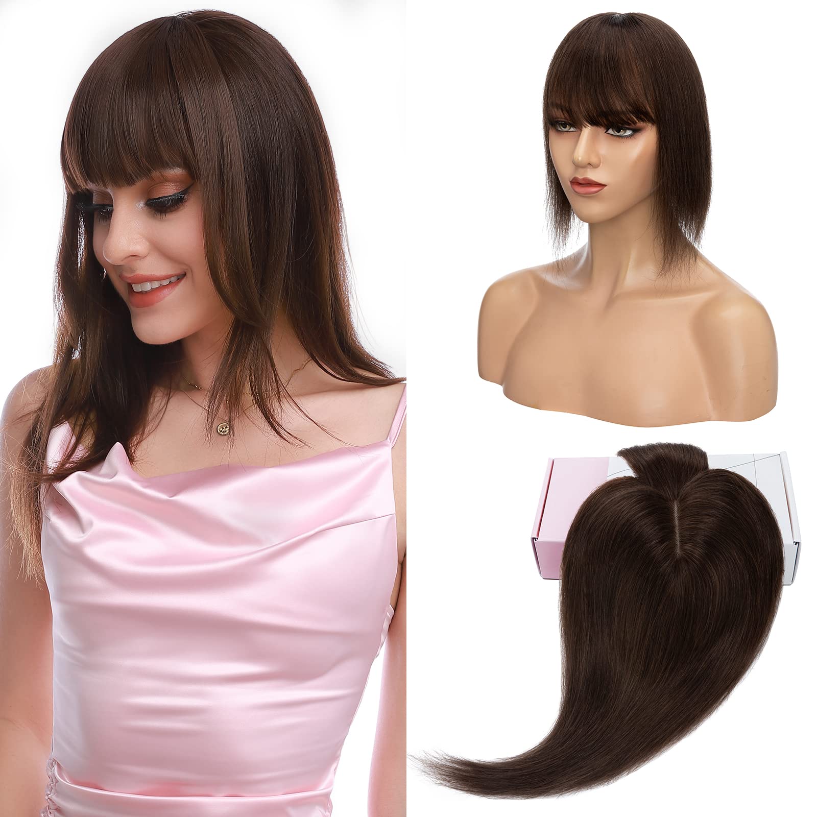 S-noilite Human Hair Toppers With Bang for Thinning Hair Women Real Hair Topper Clip In Hair Extensions 100% Remy Real Human Hair 30g（#2-1 Dark Green Brown, 8 Inch) — image 1