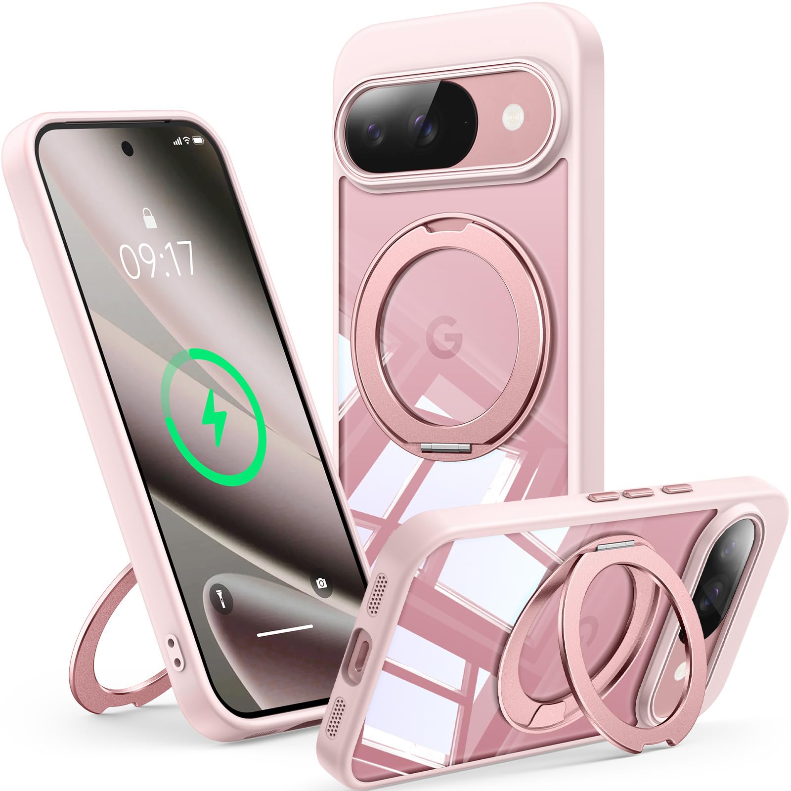 Photo 1 of ?360°Spin Magnetic Stand? Case for Pixel 10/10 Pro?Fit for MagSafe & Pixelsnap? Cover with Ring Holder?Crystal Clear? Camera Protection Phone Google 10/10 Pro Cases - Pink