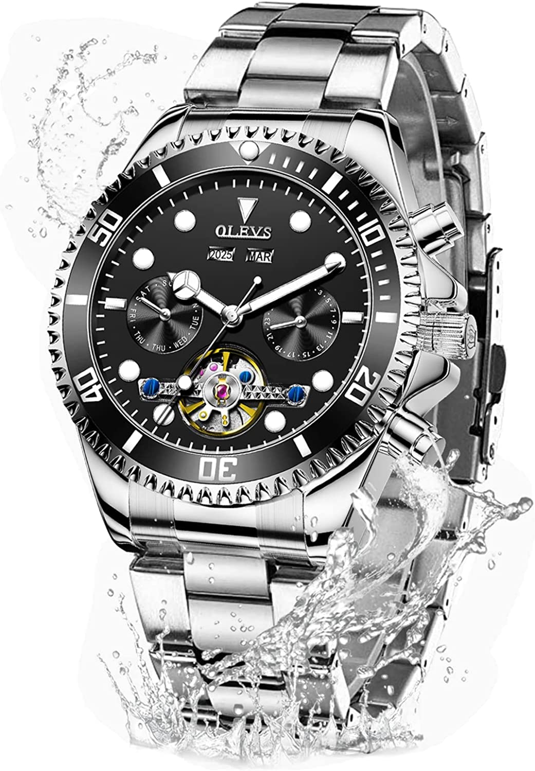 OLEVS Automatic Watches for Men Self Winding Classic Designer Tourbillon Stainless Steel Waterproof Luminous Male Wrist Watches (Silver and Black)