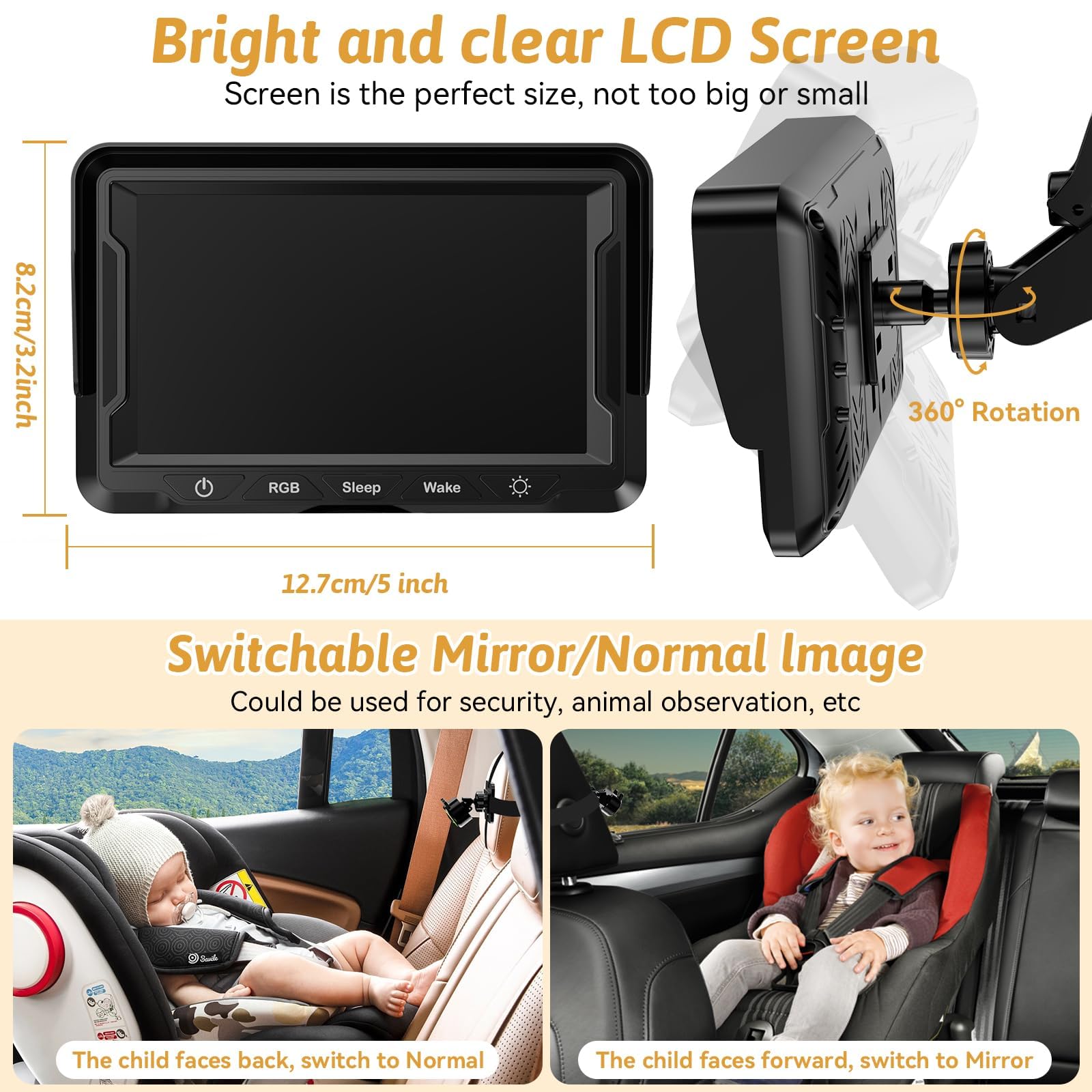 Wkzay Baby Car Camera for Backseat – HD 1080P, 150° Wide Angle, Night Vision, Easy Installation, Adjustable LED Light, 4.3” LCD Display, Anti-Glare